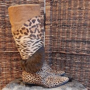 Walter Steiger Leopard Tiger Animal Print Leather Fur Boots 5.5 Kitten Heels